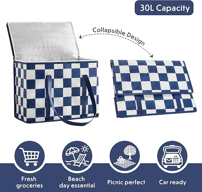 Checkered Insulated Grocery Bags 2 Pack, Checkerboard Cooler Shopping Bags for Groceries, Insulated Bags for Food Delivery