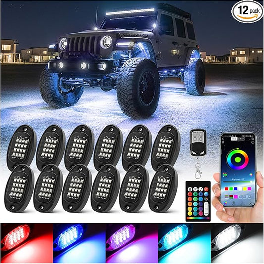 12 Pods RGB LED Rock Lights for Trucks Pickup Offroad Golf Cart SUV UTV, 6500K Super Bright, IP68 Waterproof, Segmented Color Change APP Control Underglow Kit with Power Swith Extension Wires, 12V