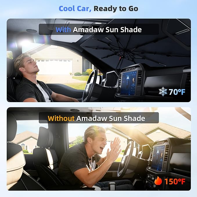 Windshield Sun Shade for Ford F150, Custom Fit 2015–2026, UPF 50+ UV Protection, Multi-Layer Heat Shield, 10-Rib Reinforced Frame, Easy Open Umbrella Design, Essential Premium Car Accessories