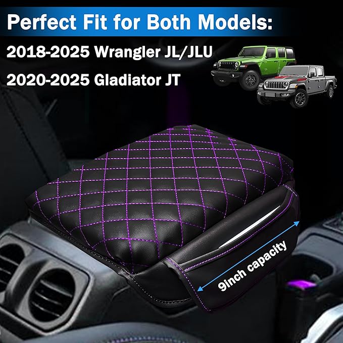 Center Console Cover for Jeep Wrangler JL 2018-2026 & Gladiator JT 2020-2026 1.2in Thickness Armrest Cover Leather Arm Rest Lid Protector Cushion Pad with Stroage Pockets Interior Accessories (Purple)