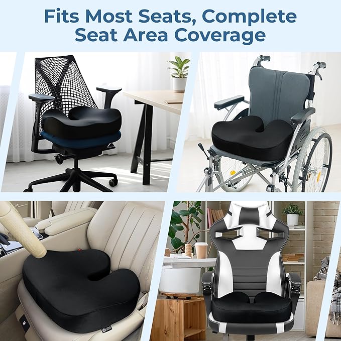 5 STARS UNITED Seat Cushion - Memory Foam Chair Cushion for Tailbone Pain Relief - Ergonomic Support for Coccyx, Sciatica & Butt - Office, Desk & Gaming Chair, Car Seat, Wheelchair, Black Suede