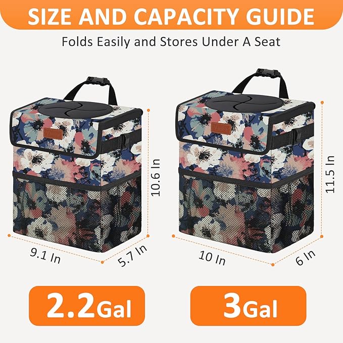 Vankor Car Trash Can for Car Cute, Trash Bag Bin Hanging Waterproof Automotive Garbage Cans Leak Proof Vehicle Trash Can Painting Floral