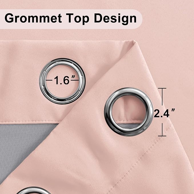 XWZO 100% Blackout Curtains 63 Inches Long - Heat and Full Light Blocking Window Treatment with Black Liner for Bedroom/Nursery with Tiebacks, Grommet Top, Blush Pink, W42 x L63, Set of 2