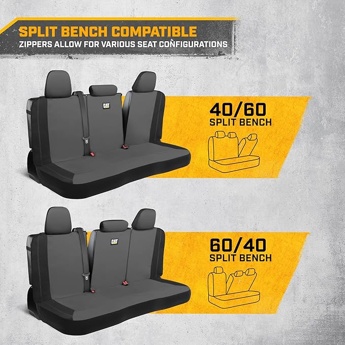 CAT PU Leather Rear Bench Seat Cover – Gray, 60/40 Split Fit for Cars, Trucks, SUVs – Waterproof, Scratch-Resistant, Semi-Universal Fit Rear Seat Protector for Most Auto Interior – Easy Install