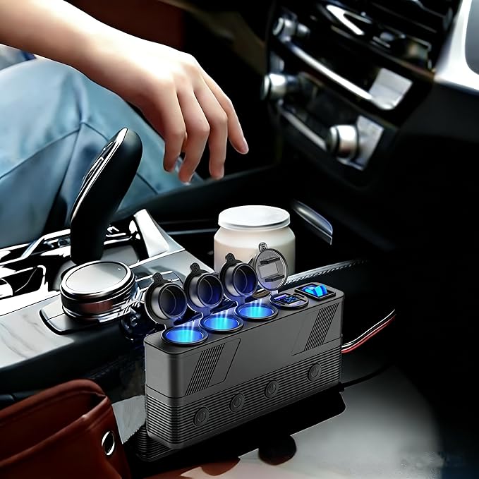 12V Cigarette Lighter Splitter with 10FT/3M Cable, 180W Car Charger Socket Multi 4 USB Port Adapter with LED Display Master and Independent Switch, 12 Volt Power Outlet Plug with Eyelet Terminal