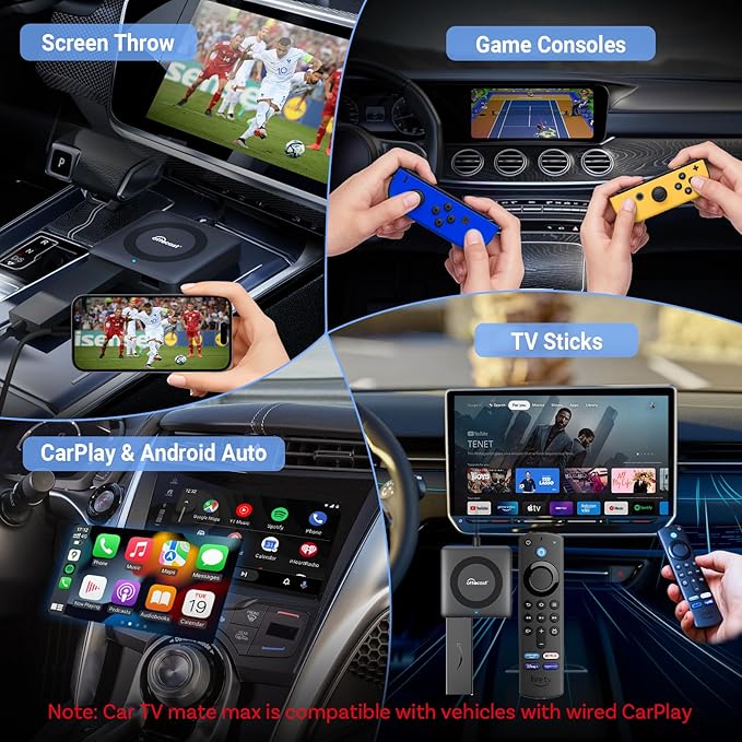 Ottocast Car TV Mate Max - 2025 Fire TV Stick Converter with Wireless CarPlay Android Auto, HD HDMI Car Adapter Cast Video/Game to Car, Works for Wired CarPlay Cars and Most Streaming Devices