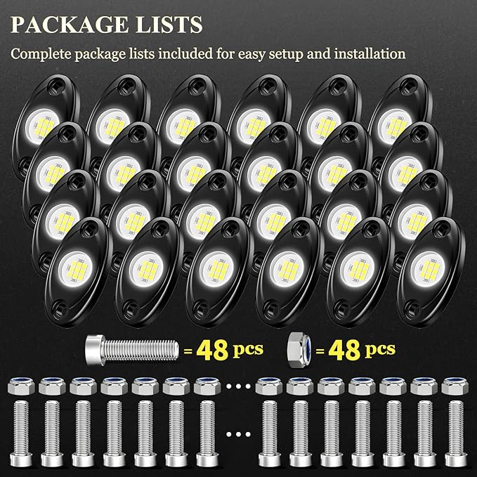 24 Pods White Rock Lights, 6000K Pure White Super Bright Wide Angle IP68 Waterproof LED Rock Lights for Trucks Pickup SUV UTV ATV Motorcycle Car Boats Underglow Lighting
