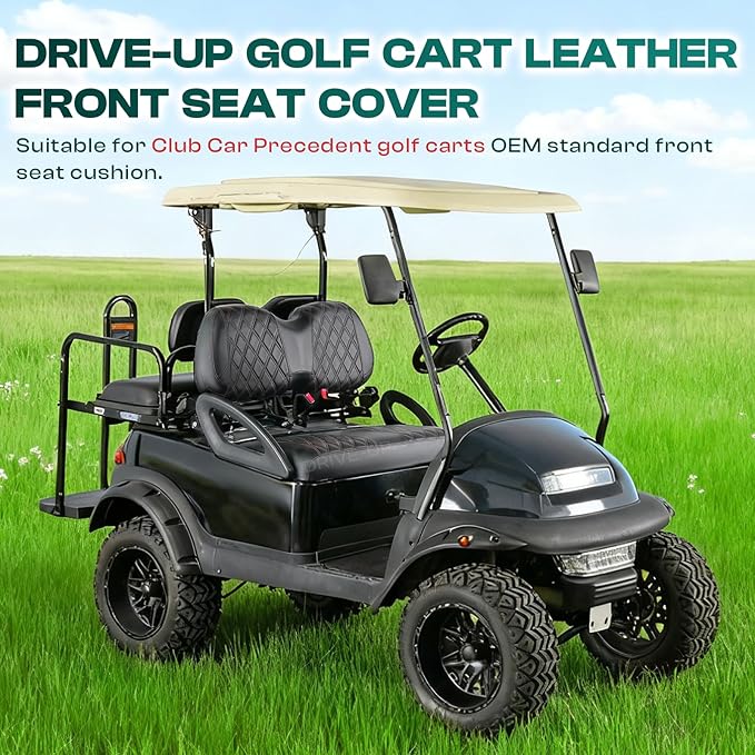 DRIVE UP Golf Cart Diamond Seat Covers, Black Diamond Club Car Precedent Seat Covers, Brown Stitching Golf Seat and Backrest Leather Covers for Club Car Front Seats, Wipe Clean, Waterproof