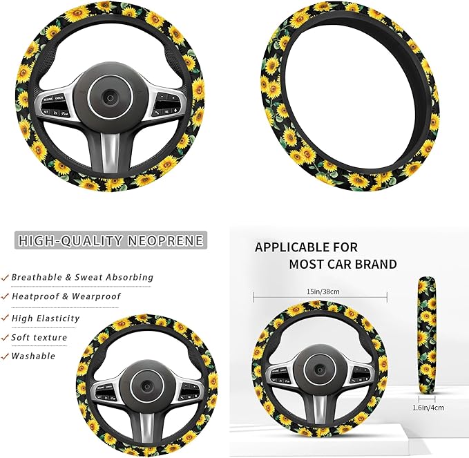 Sunflower Print Car Steering Wheel Covers Set Men Women Car Interior Accessories 6 Pcs Cup Coaster Handbrake Gear Cover Fit for SUV Truck Sedan