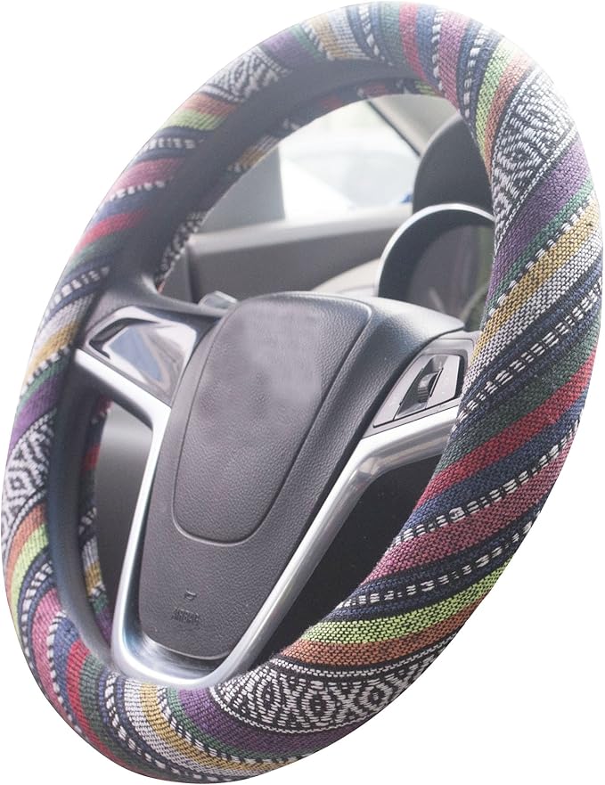 Ethnic Style Coarse Flax Cloth Automotive Steering Wheel Cover Anti Slip and Sweat Absorption Auto Car Wrap Cover (B, 15.25''-16'')