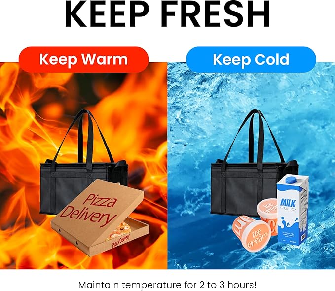 NZ home Insulated Bags for Food Delivery (Large) Grocery Shopping Cooler Bag, Pizza Delivery, Hot & Cold Catering Tote, Reusable, Foldable & Heavy Duty (2 Pack, Black)