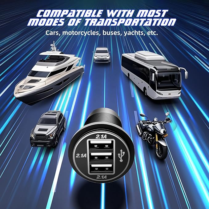 12V USB Outlet Wire USB Charger, 3 Port 12V/24V Charger Socket for Cars, Boats, RVs, Trucks, Golf Carts, and Motorcycles and More (Pack of Two)