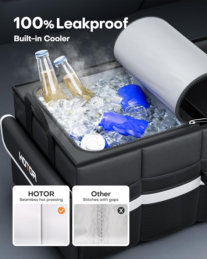 HOTOR Trunk Organizer - Car Organizer with Built-In Leakproof Car Cooler, Collapsible Trunk Organizer with Cooler for Car, SUV, Sedan, with Base Panel (3 Compartments, Black),31.9"×12.6"×10.6"