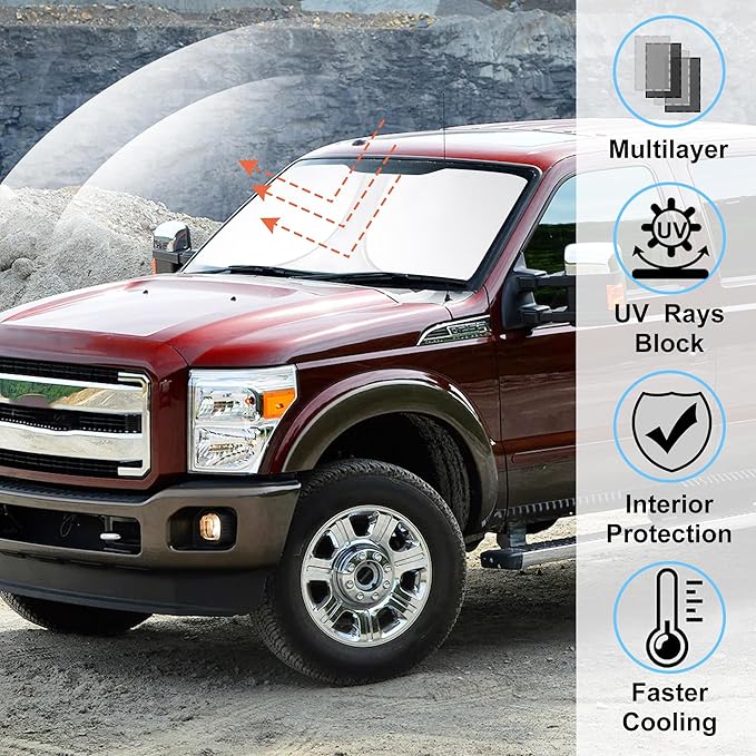 Windshield Sun Shade Custom Fit for 2008-2016 Ford F250 F350 Super Duty 2Dr Regular Cab,4Dr Super Crew Cab,Super Cab Accessories Foldable Sunshade Keep Car Cooler