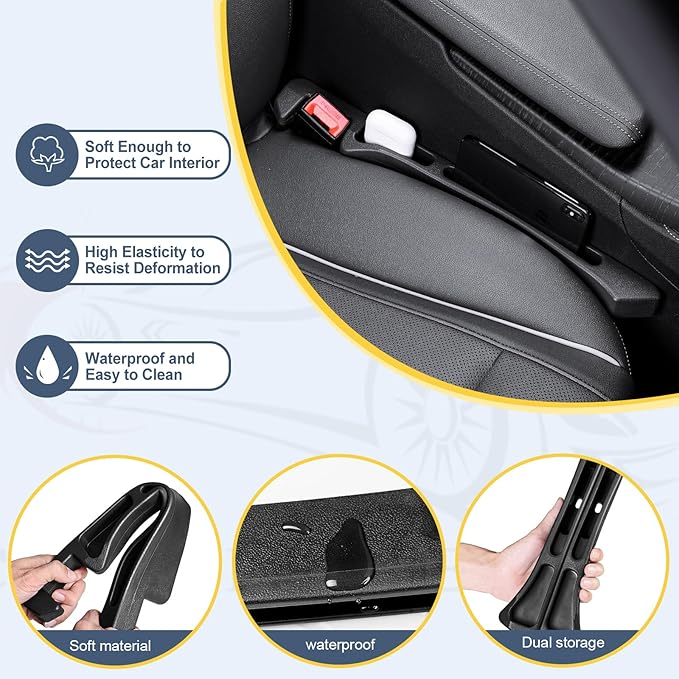 Car seat Gap Filler 2-Piece Multi-Functional Storage Belt with PU Material, seat Side Gap Filler to Prevent Items from Falling, Universal for Cars, SUV, Trucks (Black)