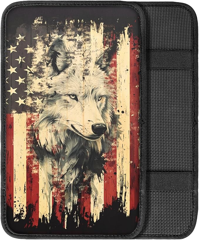 Wolf US Flag Print Car Center Console Armrest Cover,Armrest Cushion Cover Pad, Wolf Print Car Accessories Universal Fit