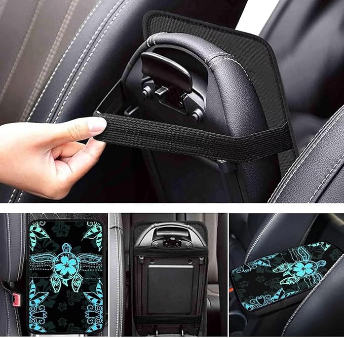 Suobstales Turtle Hibiscus Leaves Print Car Armrest Pad Soft Center Console Arm Rest Protector Cover Universal Car Interior Accessories Decoration