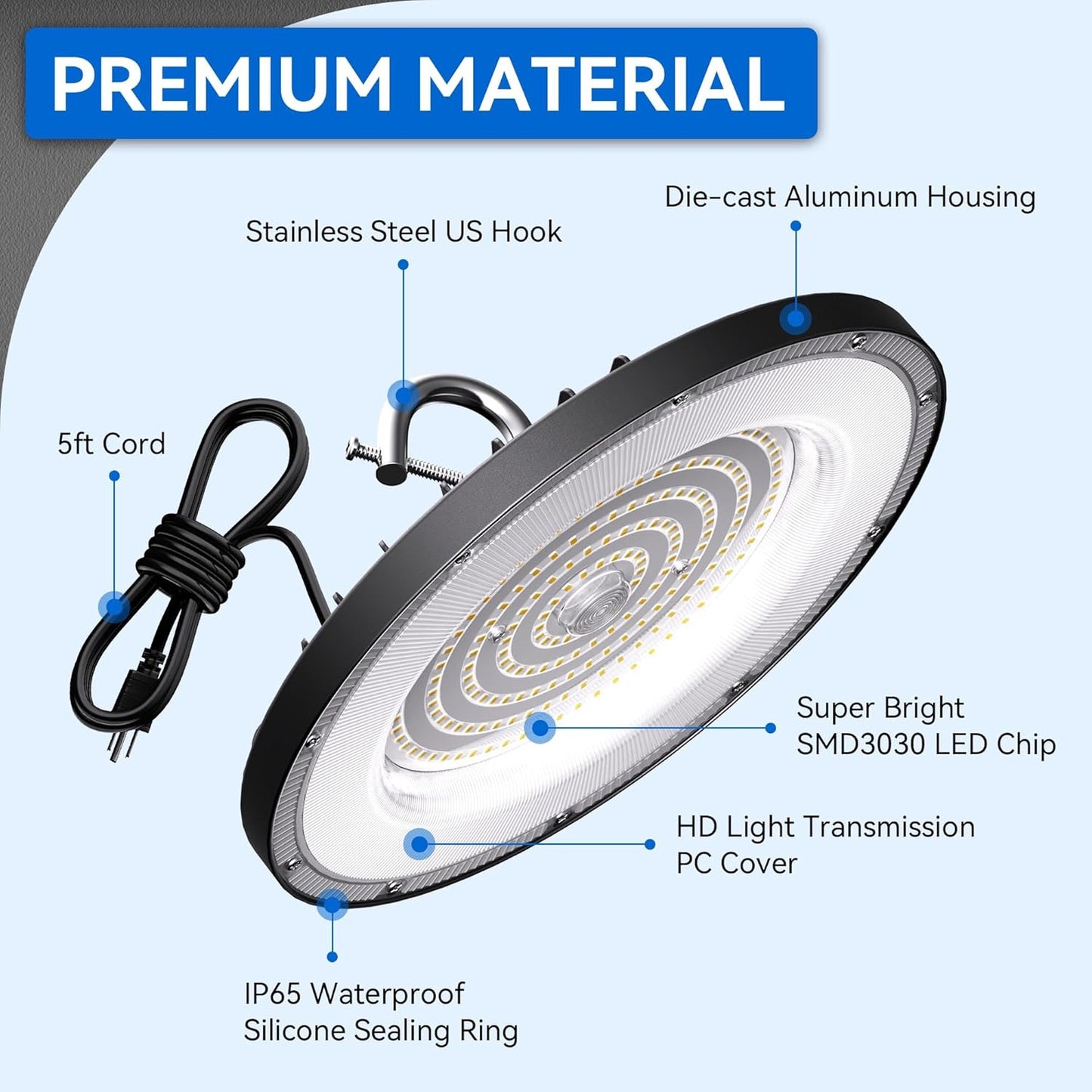 4 Pack UFO Led High Bay Light 150W(600W MH/HPS Equiv.), 21000lm, 4000K Daylight High Bay Led Light with 5' Cable US Hook, IP65 Waterproof Commercial Light Fixture for Warehouse Workshop Barn Factory