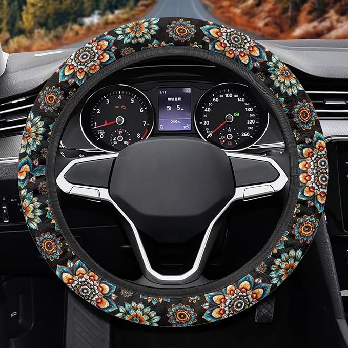 AFPANQZ Bohemia Flower Steering Wheel Covers 14-15" inch Universal Fit Most Car Sedans SUVs Comfort Grip Comfortable Handmade Breathable Steering Wheel Protector