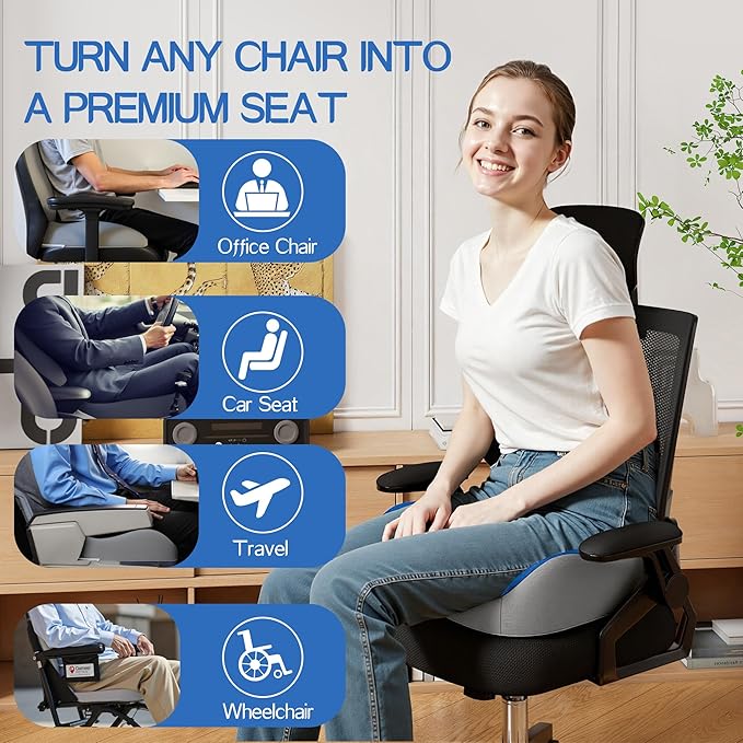 Benazcap Large Memory Foam Seat Cushion Lumbar Support Pillow for Sciatica & Tailbone Pressure Relief Coccyx Pad for Office Chair, Wheelchair, Car, Home, Office, Blue