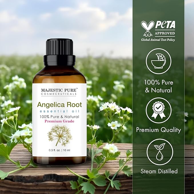 Majestic Pure Essential Oil with Glass Dropper - 100% Pure and Natural - Essential Oils for Diffuser, Aromatherapy, Soap and Candle Making, Angelica Root Essential Oil, Angelica Root Oil, 0.3 Fl Oz