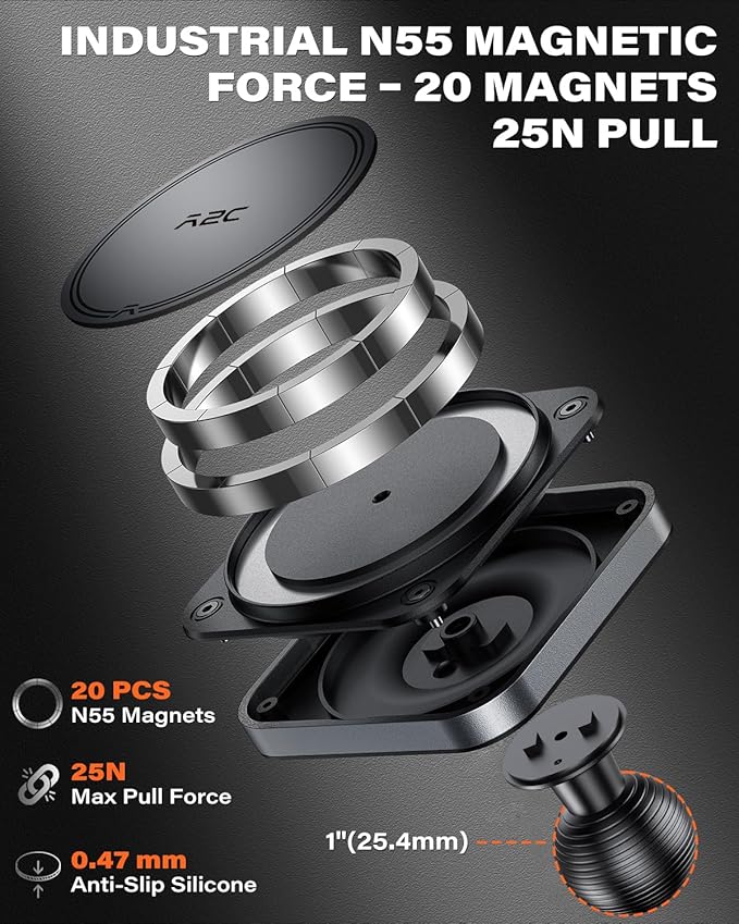 Heavy Duty Magnetic Phone Holder Base with 1" Ball for MagSafe iPhone 17-12 Series, Compatible with RAM mounts and Other B Size Ball Double Socket Arm