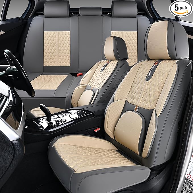 Car Seat Cover Set, Khaki Seat Covers, Automotive Interior Accessories, with Lumbar Support, Premium Nappa Leather, Protect and Upgrade Your Car Interior, Fits Suvs, Pickups, Sedans