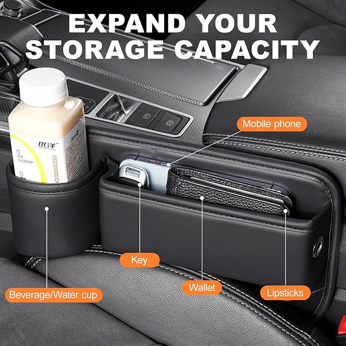 2Pcs Car Seat Gap Filler Organizer,Black Car Organizer with Cup Holder,Leather Car Seat Gap Plug with Storage Slot for Phones,Glasses,Keys,Cards