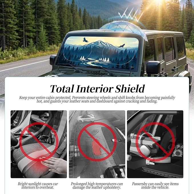 63"x28.5" Car Windshield Sun Shade with Storage Pouch, Stylish Printed Front Window Sunshade with Double Ring Frame, Universal Fit Foldable Heat Blocker & UV Protector for SUV, Sedan (Adventure-Peak)
