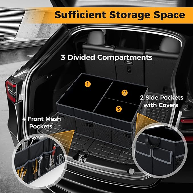Car Trunk Organizer, 13 Gallon Collapsible Cargo Storage Box with Removable Divider & 6 Pockets, 3-Compatment Trunk Container with Securing Straps & Non-Slip Bottom for SUV, Sedan