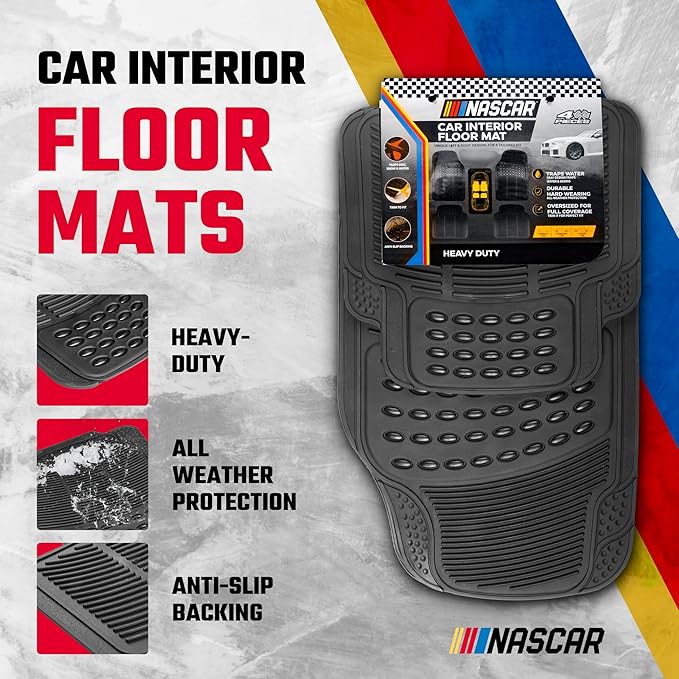 NASCAR Premium Car Floor Mats - 4-Piece Set | Heavy Duty All-Weather Rubber | Universal Trim-to-Fit for Cars, Trucks & SUVs | Traps Dirt, Snow & Water | Black Floor Mats