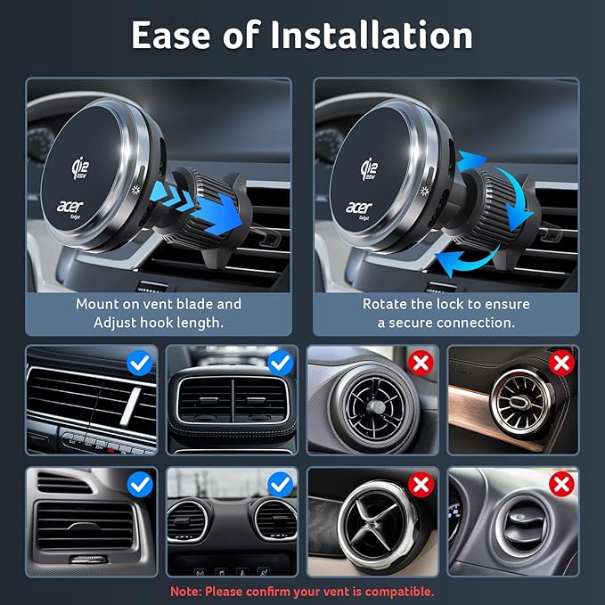Acer Gadget Qi2.2 25W for MagSafe Car Mount Charger,Wireless Car Charger with Cooling Fan & Backlight,Vent Phone Mount with 45W Car Adapter,360°Rotation Magnetic Phone Holder for iPhone 17/16/15/14/13