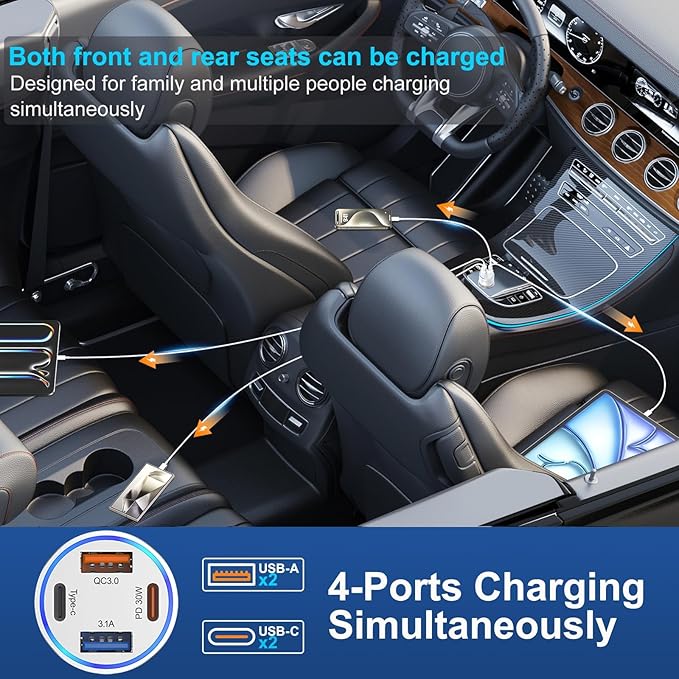 65W iPhone 17/16 Pro Max USB C Car Charger, 4-Port USB-C&USB-A Car Charger Adapter Fast Charging USB C Cigarette Lighter Adapter+6FT Braided Type C Cable for iPhone 17/16/15 Pro Max,iPad