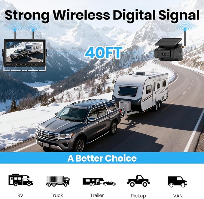Magnetic Solar Wireless Backup Camera for Trailer: No Wiring Quick Install 7" HD 2-Split Monitor Rechargeable Battery IP68 Rearview Camera System for RV Truck Camper Horse Trailer Camera