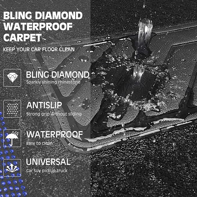CAR PASS Bling Rhinestones Diamond Car Floor Mat,Sparkly Glitter Shining Crystal Carpet Anti-Slip PVC Heel Pad Waterproof Universal for Automotive SUV,Sedan,Van,4pcs Girl Pretty Women Men Black Blue