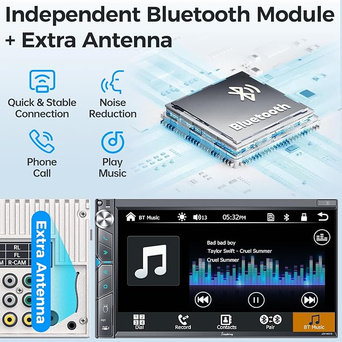 SJoyBring Double Din Car Stereo with Dash Cam, Wireless Apple CarPlay & Android Auto, 240W 4.2CHN, 7" Touchscreen, SWC, Bluetooth, FM/AM Car Radio, 2 Subwoofers Outputs, Backup Camera
