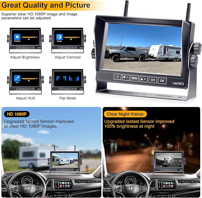 RV Backup Camera Wireless Easy Install: Plug & Play for Furrion Pre-Wired RVs - 7″ HD Touch Key Monitor, 1080P DVR, 4-Channel Split-Screen, Night Vision, IP69K Waterproof AMTIFO A7