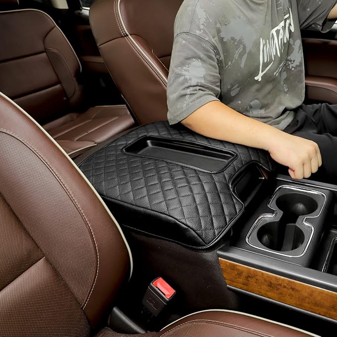 JeCar Center Console Pad PU Leather Armrest Cushion Cover Interior Accessories Compatible with Chevy Silverado/GMC Sierra/Suburban/Tahoe/GMC YUKON 2014-2018, Black