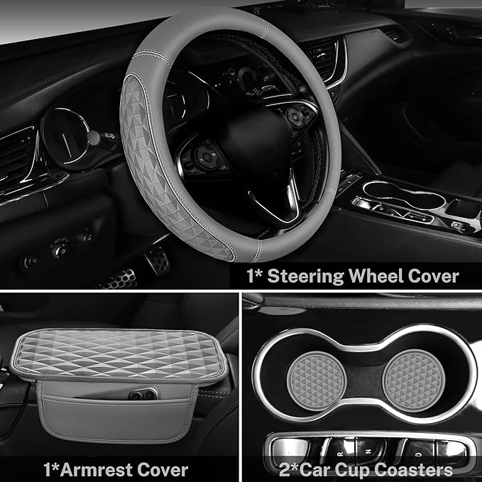 CAR PASS 3D Rhombus Memory Foam Leather Steering Wheel Cover Set, Comfortable Center Console Armrest Cushion Cover with Storage Bags Non-Slip Cup Coasters, 14.5-15in Car Interior Sets, 4 PCS All Gray