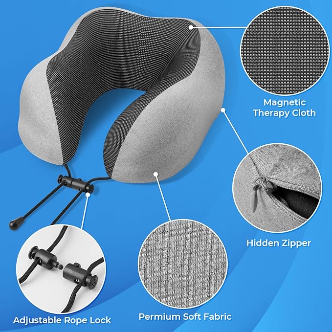 Travel Pillow, Travel Pillows for Sleeping Airplane, Neck Pillow Airplane, Memory Foam Neck Pillow Set with Eye Mask, Earplugs and Storage Bag -Light Grey