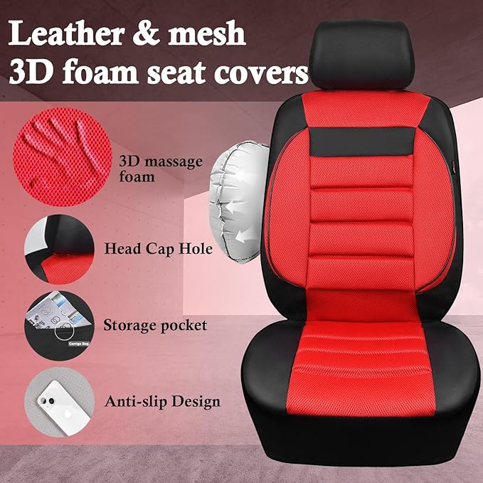 CAR PASS 3D Foam Leather Car Seat Covers Two Front Seats only, Air Mesh Thick Seat Covers, All Weather Car Seat Cover Comfort & Protection for Truck,SUV,Sedan,Van, Airbag Compatible (Black Red)