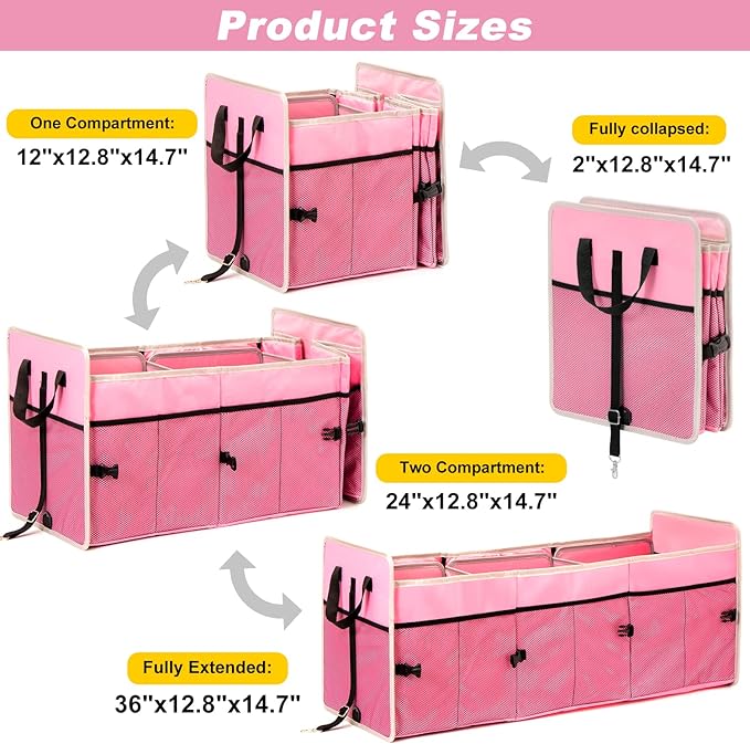 Car Trunk Organizer with Individual Cooler Bag - 3 Compartments Trunk Organizer for Car Collapsible Car Storage Organizer for SUV (Pink)
