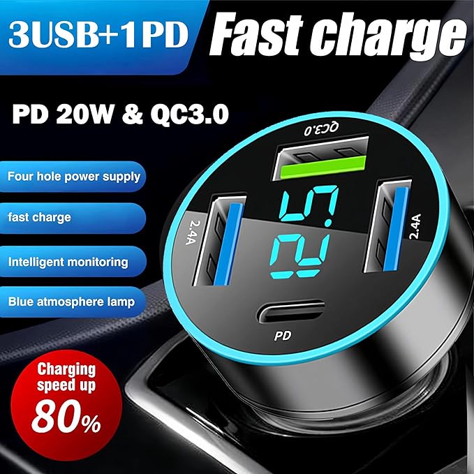 Car Charger Adapter, 4-Port Cigarette Lighter USB Charger Adapter with Voltmeter PD 3.0 & QC 3.0 Car USB Charger Multi Port Accessories Fast Charging for iPhone, Samsung, iPad & Phone Tablets