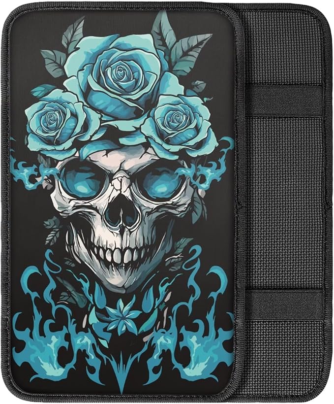 Dreaweet Teal Rose and Skull Center Console Cover Halloween Car Accessories for Women Interior Soft Comfort Vehicle Center Console Armrest Cover Pad Universal Fit Most Cars SUV Sedan