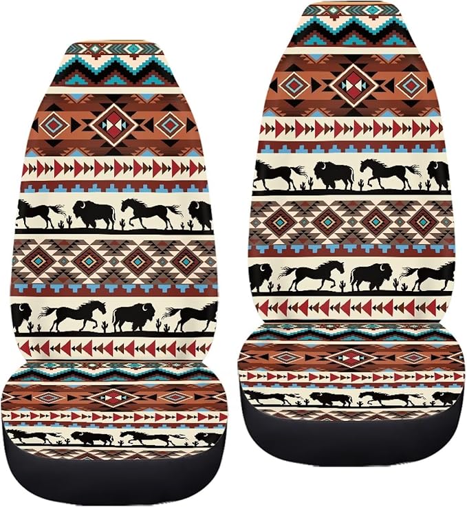 ELEQIN Aztec Horse Yak Car Seat Covers, Front Car Seat Cushion, 2 PCS Canvas Auto Cushion Protector Universal Fit Most Cars, Automotive Interior Decor