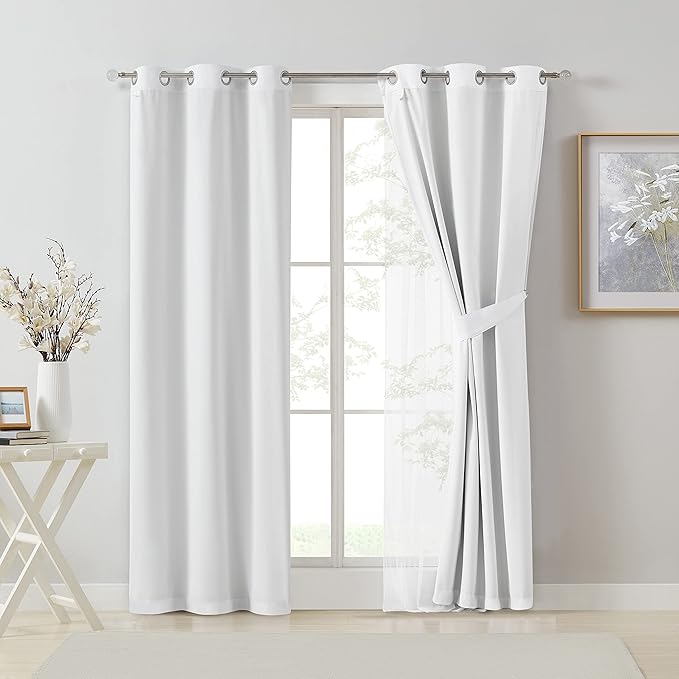 Bujasso White Full Blackout Curtain Panels with Sheer Overlay Mix and Match Double Layer Thermal Insulated Window Treatment Set for Living Room White Drapes with Tiebacks Grommet Top 37" Wx63 Lx2