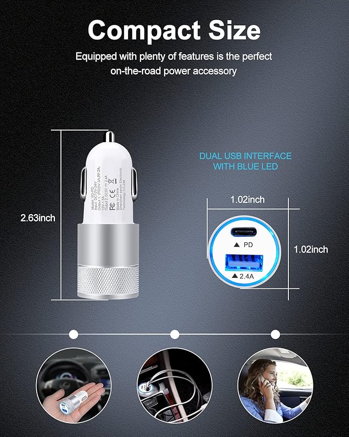 30W USB C Car Charger, [2Pack]3.0 Fast Charge Dual Port USB Type C and 2.4a USB A Cargador Carro Lighter Adapter for iPhone, Tablet, iPad, Samsung Galaxy, LG, Google Pixel GPS, Z Play Droid, Motorola
