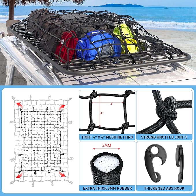 WILDROAD Car Roof Platform, Universal Roof Flat Rack 90" x 47" x 1.3" Heavy Duty Roof Rack Platform with Super Duty Bungee Cargo Net, Ratchet Straps and Anti-Rust Sealant Fits for SUV Truck Cars