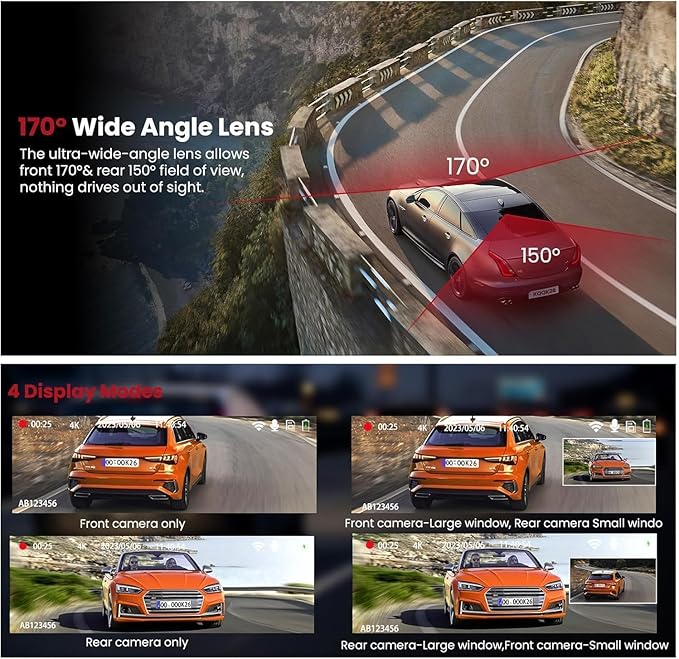 Dash Cam Front and Rear, 4K HD Dash Cam for Cars Built-in WiFi, Car Camera with Night Vision, 64GB Card, 170°Wide Angle, WDR, 3" IPS Screen, Loop Recording, G-Sensor, 24 H P Monitor (K26)