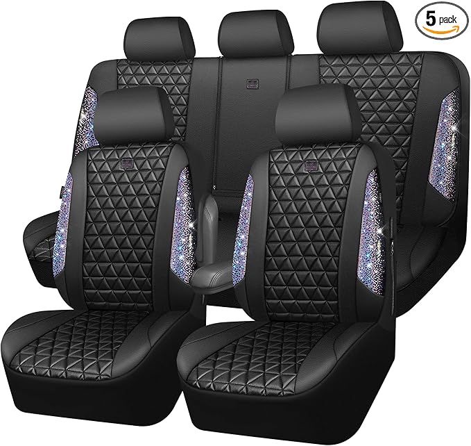 CAR PASS Bling Diamond Black Leather Car Seat Covers Full Set Interior Sets, Waterproof Shining Glitter Sparkly Crystal Armrest Fit Automotive Truck SUV Cute Women Girl, Bedazzed Iridescent Rhinestone